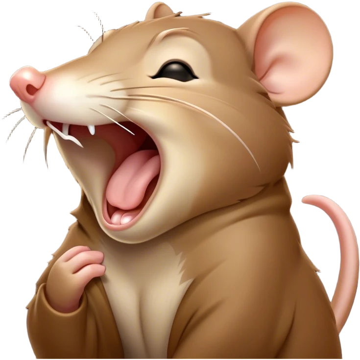 Cinematic Cute Yawning Brown Rat Portrait Emoji, Head tilted slightly with a dramatic, wide-open yawn, showcasing a soft, sleek brown coat with tiny drooping ears and half-closed eyes in drowsy contentment, Simplified yet irresistibly adorable features, highly detailed, glowing with a soft, cozy glow, high shine, relaxed yet expressive, stylized with a dash of urban charm, soft glowing outline, capturing the essence of a sleepy yet affectionate rat that seems ready to stretch out for a nap! emoji