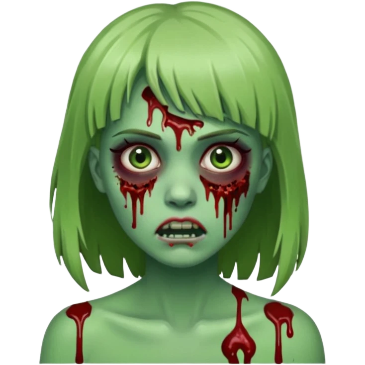 Mulher cabelo de franjinha pele verde zumbi sangrando bonito com zundo escuro emoji