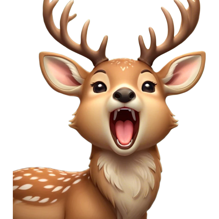 Cinematic Cute Yawning Deer Portrait Emoji, Head tilted slightly with a dramatic, wide-open yawn, revealing a soft, dappled Fur and elegantly drooping ears, eyes barely open in drowsy contentment, Simplified yet irresistibly adorable features, highly detailed, glowing with a soft, cozy glow, high shine, relaxed yet expressive, stylized with a touch of natural whimsy, bright and endearing, soft glowing outline, capturing the essence of a sleepy yet affectionate deer, so drowsy it feels like it could stretch right out of the screen and curl up for a nap! emoji