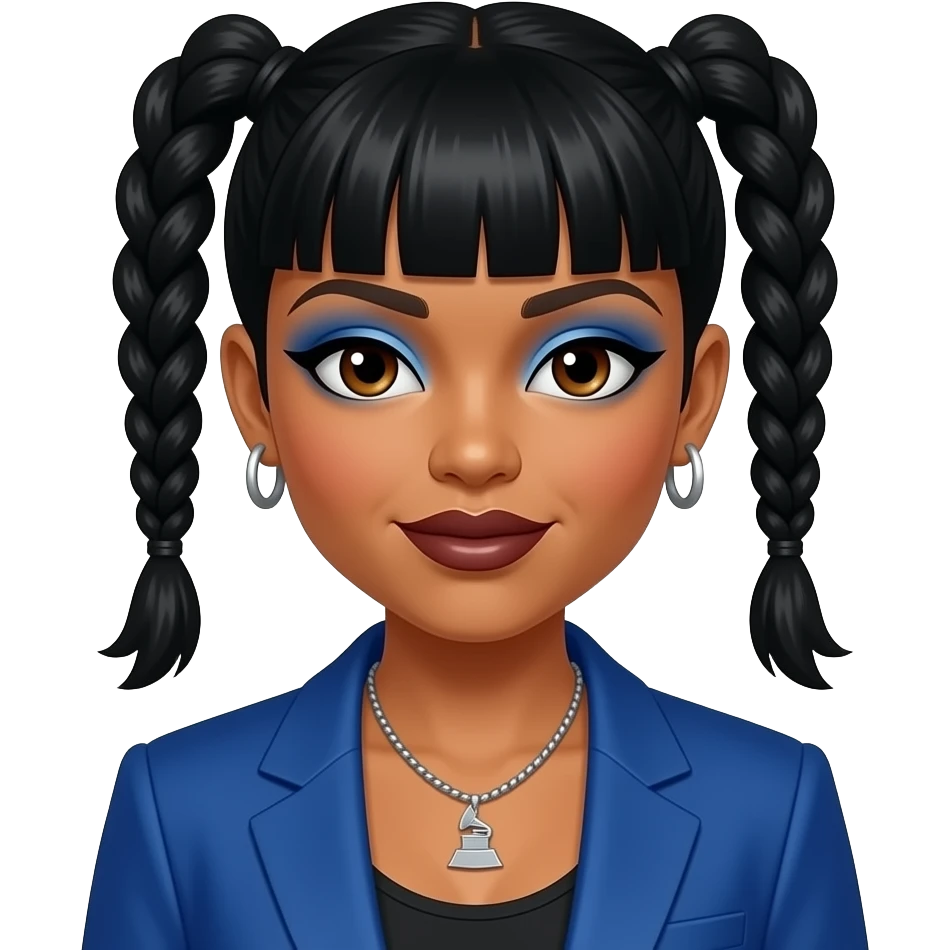 Lisa Left Eye Lopes from TLC with brown eyes, black two high braids hair with bang, blue eyeshadow, dark brown lipstick, blue grammy suit jacket, necklace and earrings emoji
