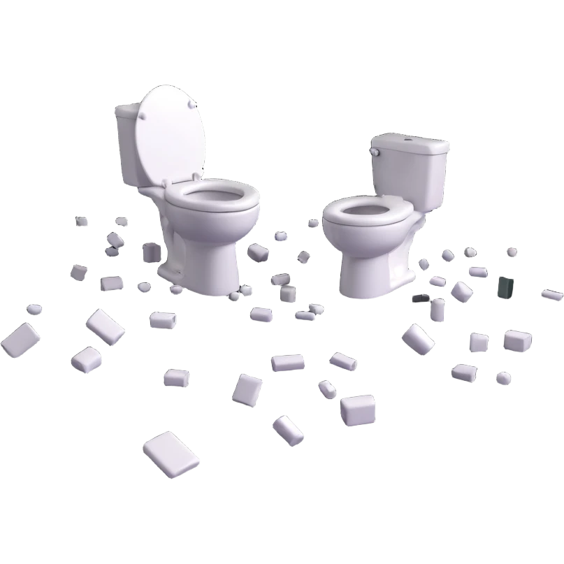 scattered toilets in a surreal scene, 3D emoji style emoji