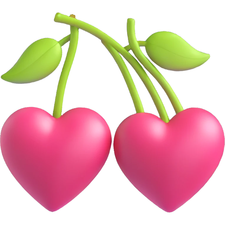 pair of pink heart cherries with a delicate pink ribbon, glossy and smooth, white background emoji