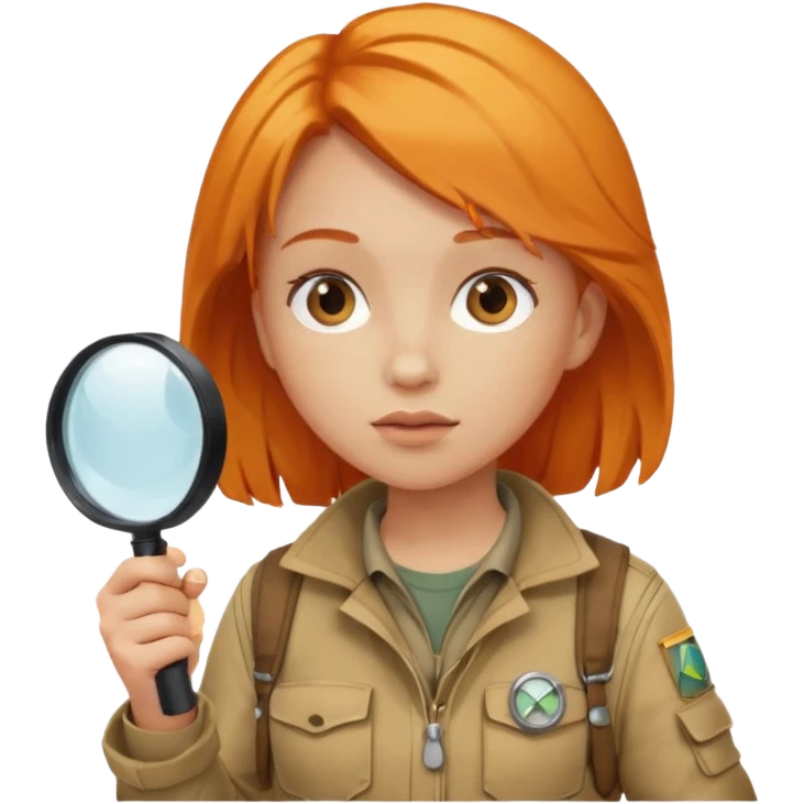 braid orange haired girl in explorer outfit, holding magnifying glass emoji