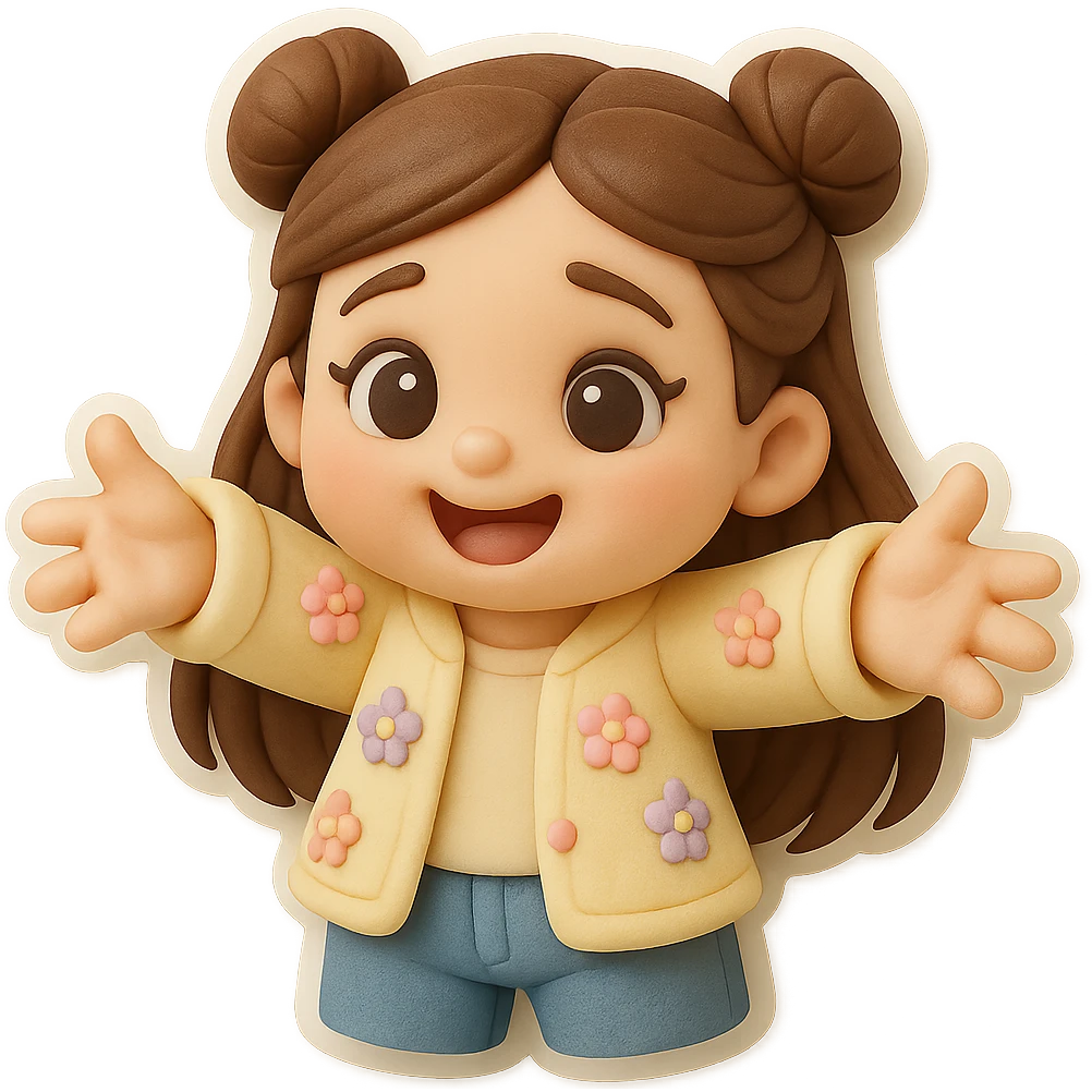 3D chibi fondant cake art style, high-quality rendering with smooth shadows and soft gradients. Girl based on reference image with long brown hair in two space buns, brown eyes, jeans, pastel floral cardigan, thick white outline like a sticker, transparent background. Reaching out both arms for a joyful hug. Ensure the face and hairstyle match the reference exactly. emoji