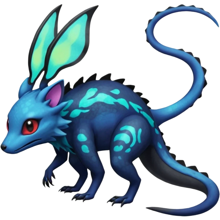 Rare epic aesthetic iridescent bioluminescent spooky gloomy colorful Salandit-Noibat-Eevee-Genet-species-Fakemon-hybrid-creature, with markings, full body emoji