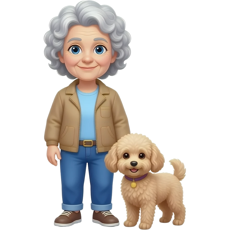 Elder woman curly hair blue eyes with Maltipoo emoji