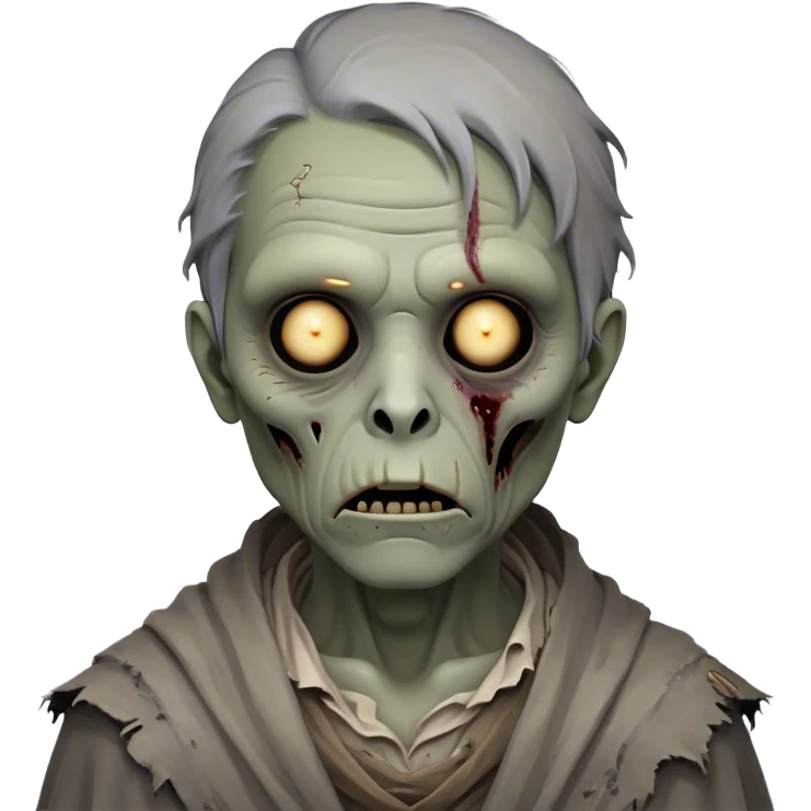 Cinematic Noble Zombie Portrait Emoji, Surprisingly dignified and somber, with a decaying yet strangely regal visage in ashen grays and muted tones, draped in tattered attire hinting at a lost grandeur, simplified yet meticulously detailed, glowing with a soft, eerie radiance and a gentle outline that evokes the tragic nobility of the undead! emoji