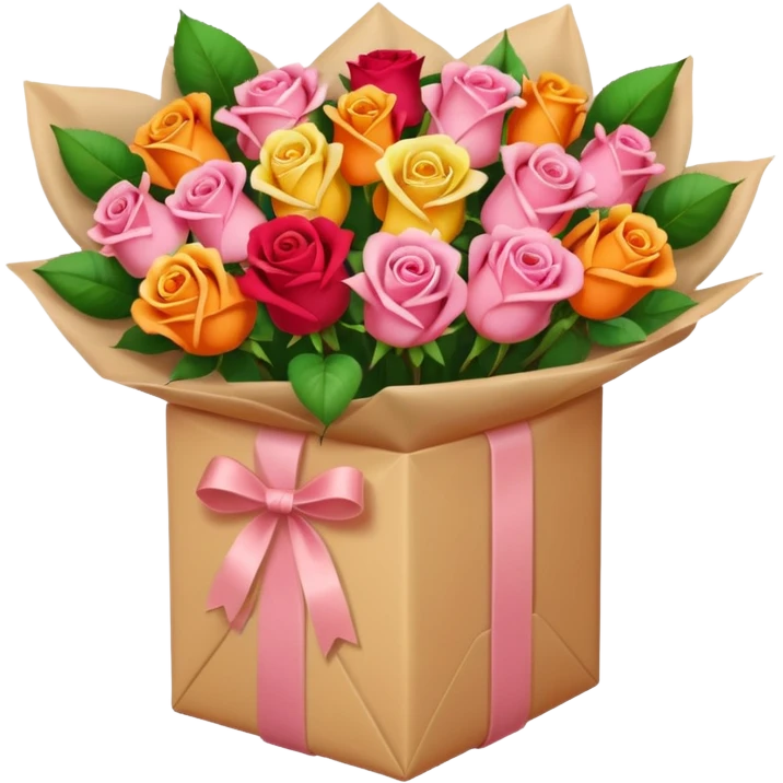 light pink Bouquet of red orange pink yellow roses in package emoji