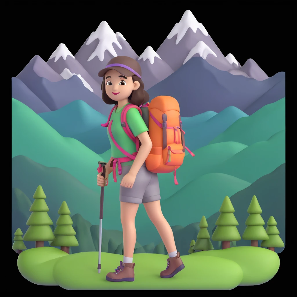 girl back packing mountains in background, close up pose emoji