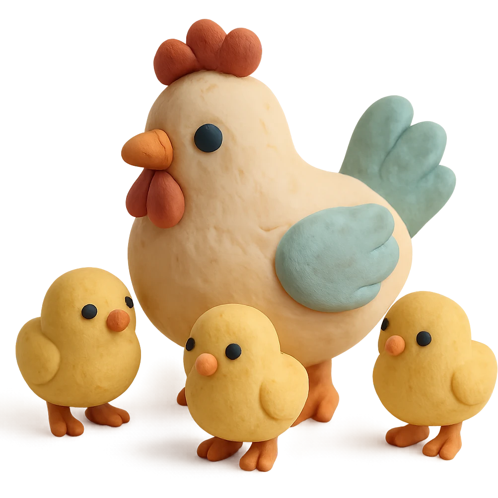 hen with baby chicks, soft pastel colors, visible fingerprints, matte plasticine look emoji