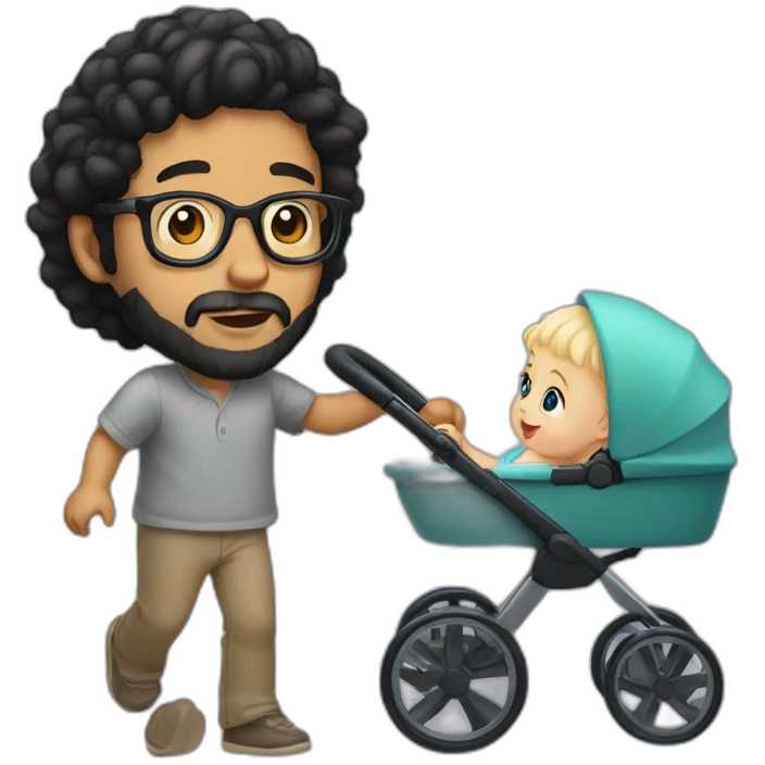 Black haired man with beard and glasses pushing buggy with blonde baby emoji
