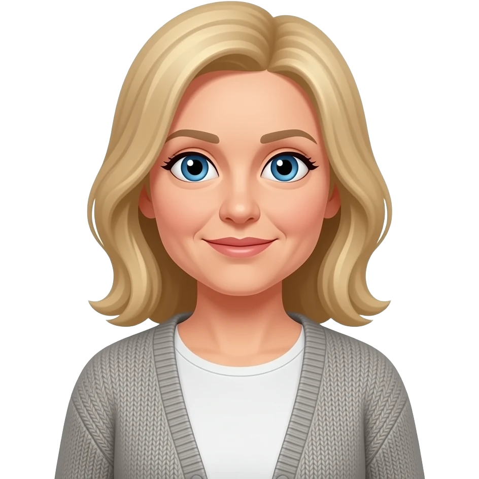 smaller Blue eyes, fair skin, longer blonde hair, medium height, middle aged women, cardigan emoji