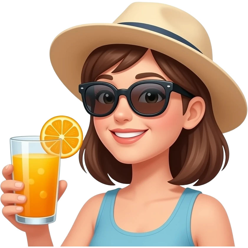 a woman in wearing sunglasses and a sun hat lifting a glass of orange juice with a slice of orange on the rim close to the camera with the words 'Good Afternoon' in dark green printed across the screen emoji