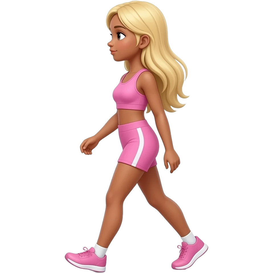 Apple emoji Long Blonde haired girl with tan walking left to right in pink activewear aesthetic soft lighting, simple emoji