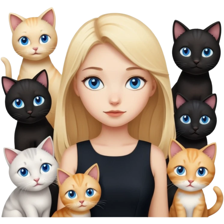 blonde girl with blue eyes zodiac  in black dress with different cats emoji