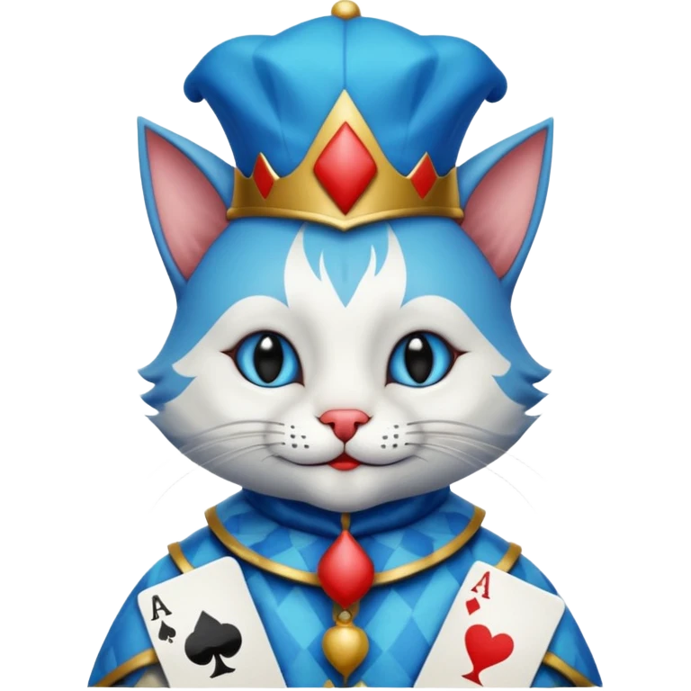crazy colorful cute little cat jolly joker from poker, medieval, vintage, court jester, mac os icon, blue color, poker cards emoji