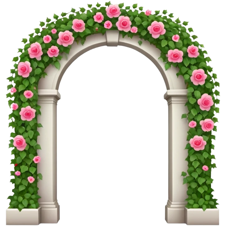 White tall archway with vines, ivies, and romantic pink and red flowers  emoji