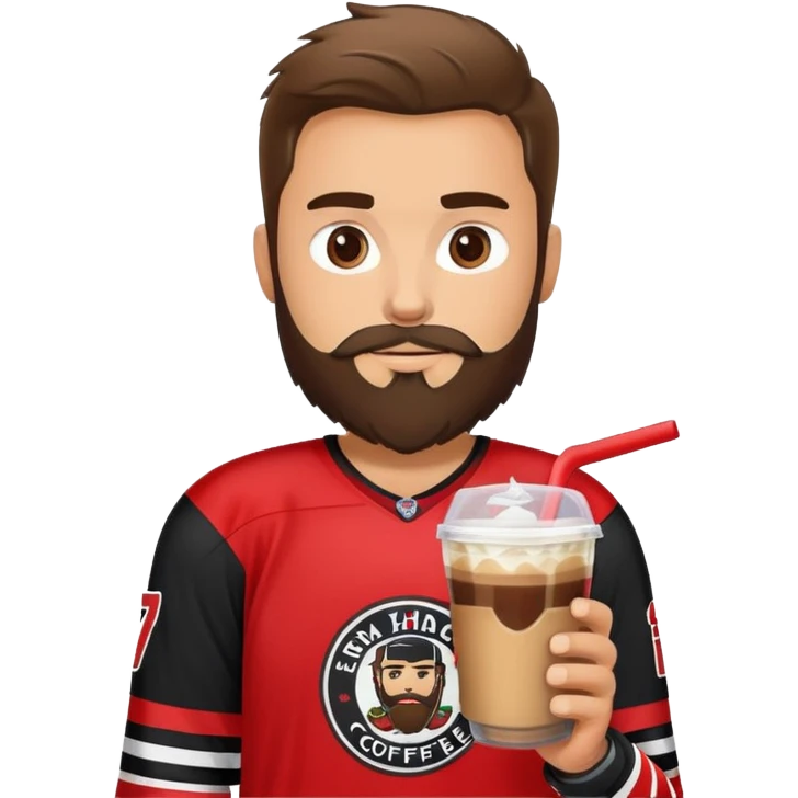 hockey player with a beard with iced coffee wearing black and red jersey  emoji