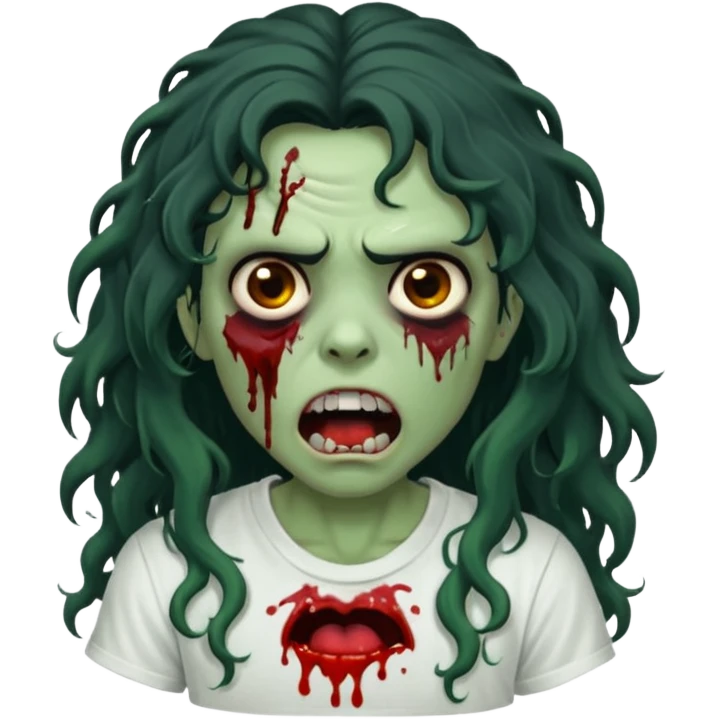 a zombie with long curly black hair volumoso, brown eyes, a white t-shirt and a splash of blood on her t-shirt, mouth open like a zombie, green skin color, not much expression, no drawing on shirt, no hands showing, less blood on her face, less blood, black hair and black eyes emoji