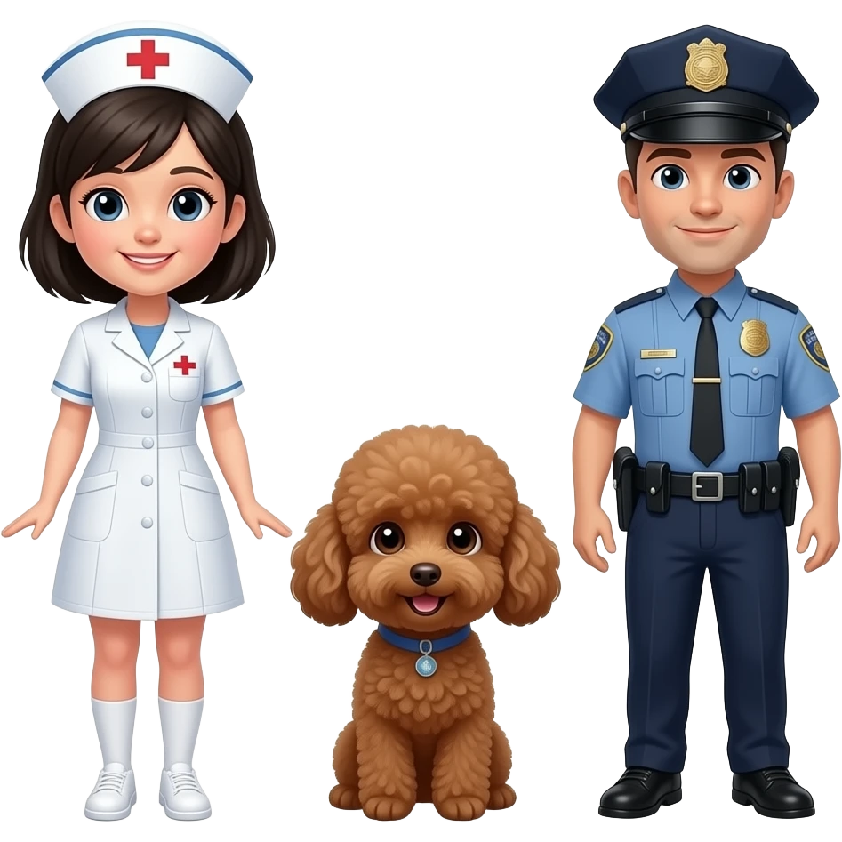 black hair girl that’s a nurse with black hair guy who is police officer with their poodle mini brown emoji