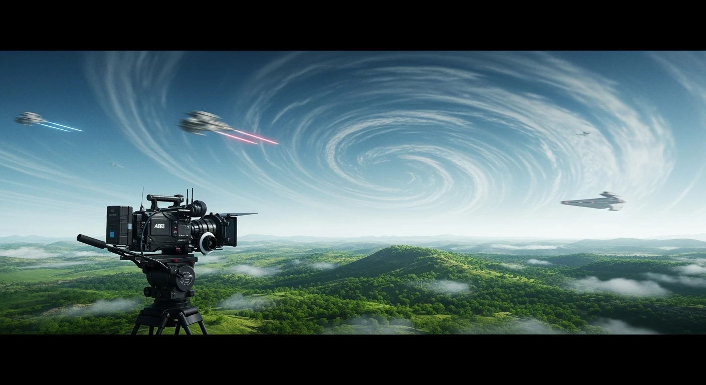 cinematic still, motion blur shutter speed, establishing shot, green planet, inspired by StarWars movie, captured by arri alexa  emoji