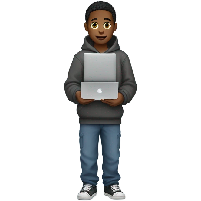 boy wearing a hoodie and baggy pants with a macbook in his hand emoji