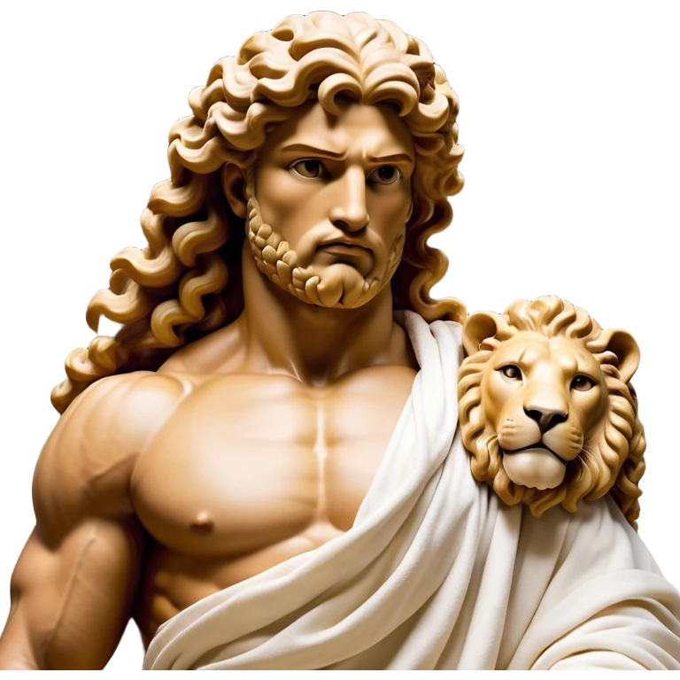 Cinematic Realistic Hercules Portrait, depicted as a classical Greek hero merging the fierce masculinity of the lion-wrestling Hercules with the refined face of Michelangelo's David. His light tan, chiseled skin glows with timeless strength, and his thick, curly, golden brown hair cascades in natural, sculpted curls reminiscent of a warrior’s mane. Draped in a flowing white robe with delicate golden accents and crowned with a traditional Greek laurel wreath, his intense, determined eyes exude noble might, all rendered under dynamic natural lighting with a mythic, radiant glow. emoji