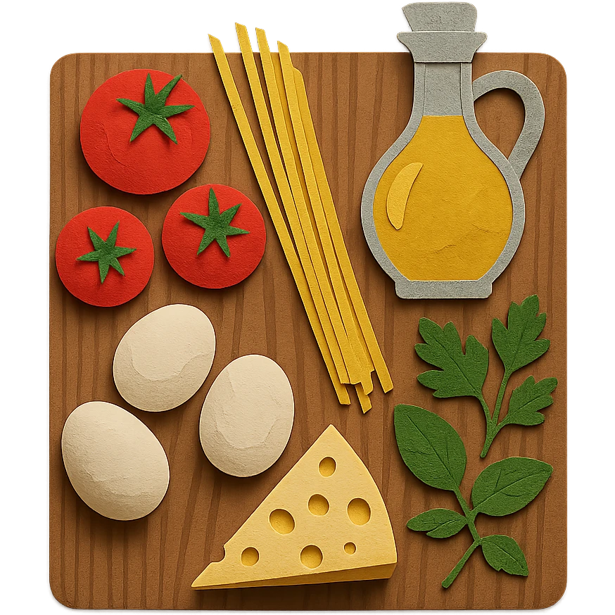 A realistic top-down view of a wooden kitchen table with various common ingredients neatly arranged (like tomatoes, pasta, eggs, cheese, herbs, olive oil). The background should be dark and soft to match a modern app interface. Lighting should highlight the ingredients naturally, with soft shadows. No text, no hands, minimalistic but warm and homely, like a mobile UI background for a cooking app. emoji