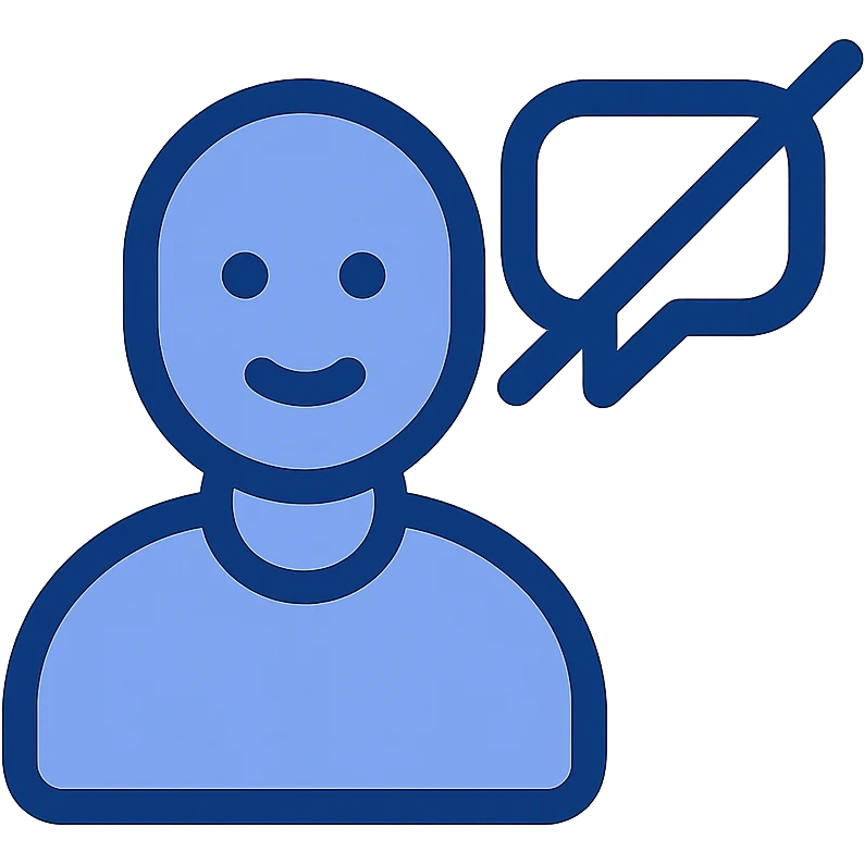 minimal modern icon of a disengaged user silhouette with a crossed-out chat bubble emoji