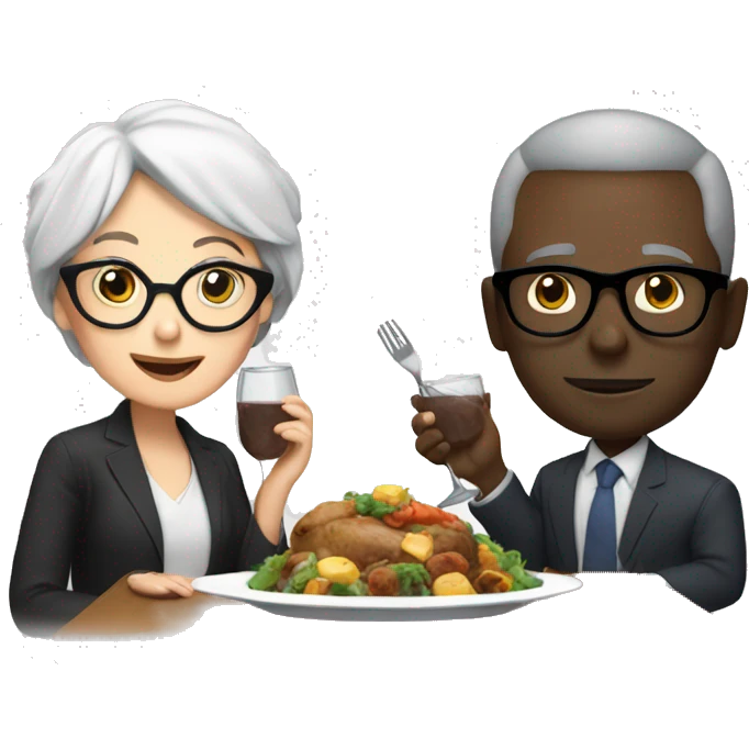 Gray hair white woman with glasses eating dinner with black man with gray short hair with glasses  emoji