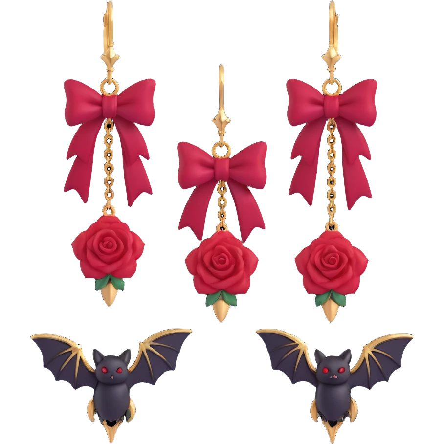 gothic earrings with crimson velvet bows, gold bat charms, deep red rose accents, dramatic and gothic style emoji