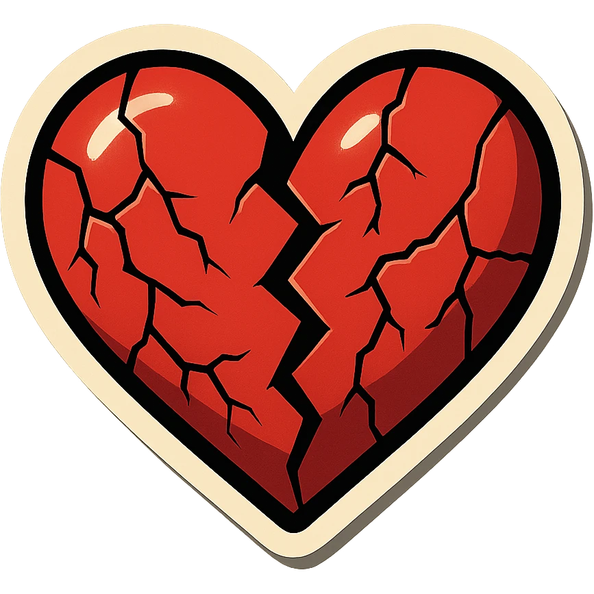 broken heart with several large cracks, clear black outlines, sharp shadows and highlights only, no gradients, retro sticker style emoji