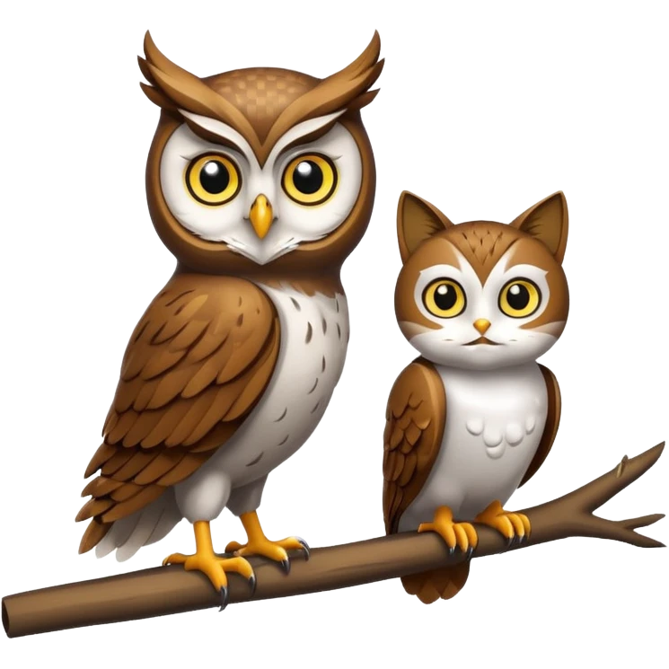 Owl on a branch with a cat's head with only one owl emoji