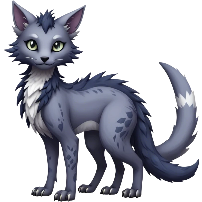 Kawaii dark edgy gloomy dusky dull-colored fantasy ethereal feline-vernid-sergal-fursona animal creature with a tufted tail full body with intricate markings  emoji