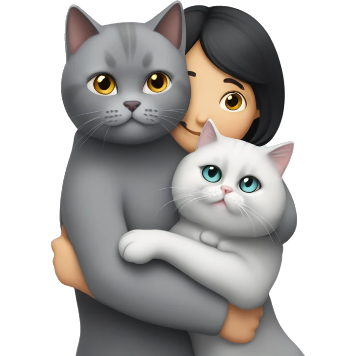 annoyend light gray british shorthair cat and a lady with a 2B black hair hugging the cat lovingly emoji