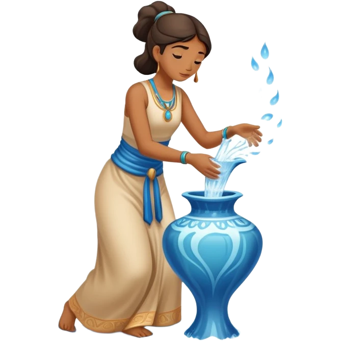 The zodiac symbol Aquarius. A mystical beautiful water bearer, pouring water on the ground from a large, intricate, and arcane vase emoji