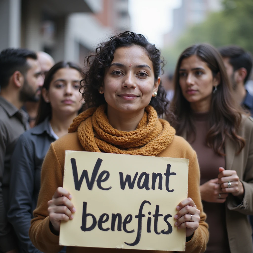 group of indian modern customers holding a board written "We want benefits"with a serious face emoji