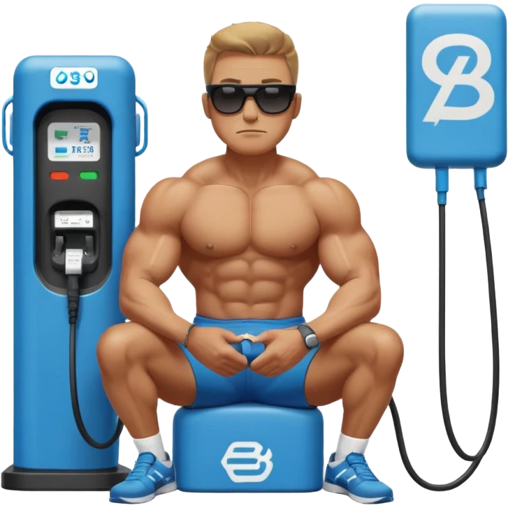 A naked man with bulging muscles sits in a thoughtful pose at a Bluetti charging station. emoji