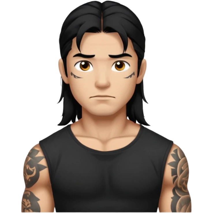 Spanish male. Asian eyes. 
Untucked, loose fitting black t-shirt. 
long black hair.
muscular.
Even More tattoos. 
Peaceful emoji