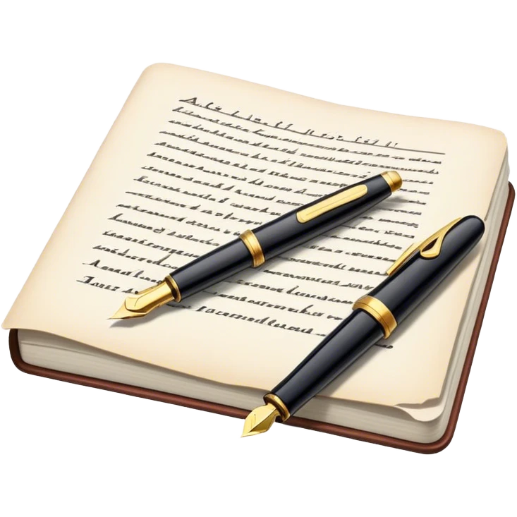 Create an emoji representing journalism and publicistic writing. The design should feature an open newspaper or a stack of articles with visible text columns, symbolizing opinion pieces and analysis. A classic fountain pen or ballpoint pen should be placed near the papers, indicating the act of writing. Optionally, include a small microphone or a press badge to emphasize investigative and journalistic aspects. Use neutral and professional colors like black, white, and muted blue or red. Do not include any emojis or smiley faces. Make the background transparent. emoji