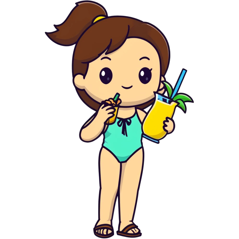 Very tan skinned girl with brown hair wearing a summer outfit sipping a piña colada emoji
