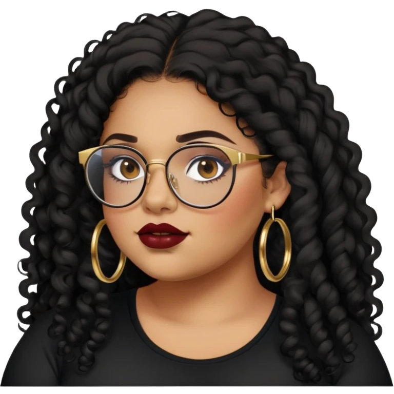 teen big plus size, latina, darker tan skin, gold hoops, long black curly hair, baddie,pretty, makeup, dark red lipgloss, black eyeliner, long hair, black shirt, black glasses emoji