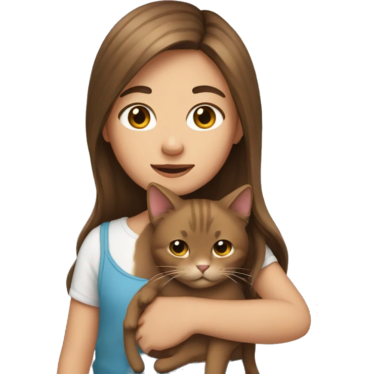 Girl with long brown hair holding a cat emoji
