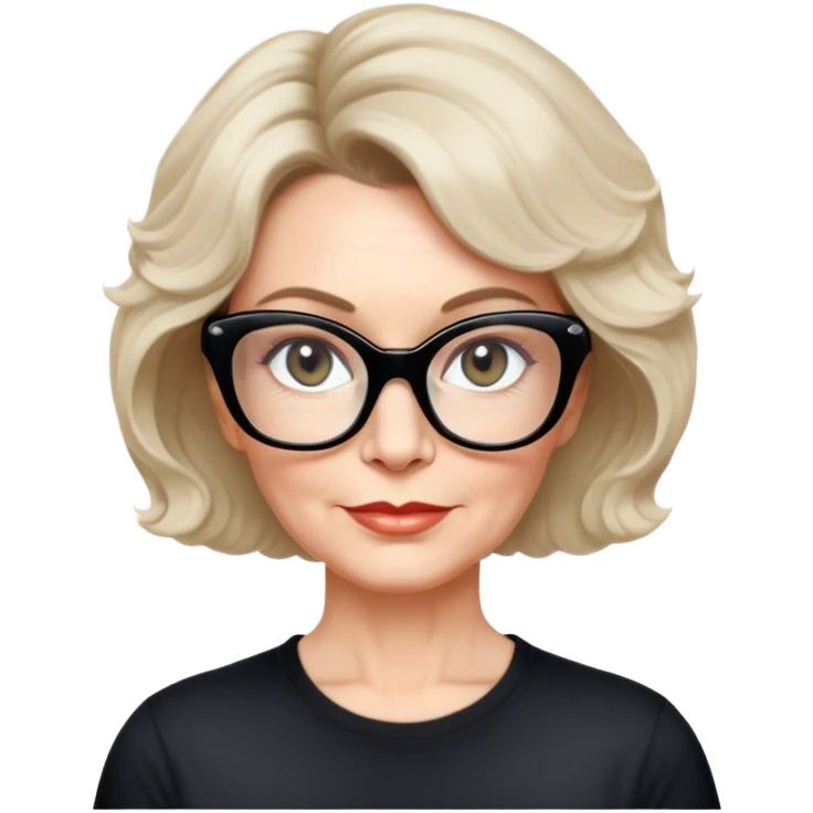 white woman about 50 years old with light warm skin, wide face, wavy black neck-length 80s short hair, low volume, neutral expression, large black shiny butterfly or cat-eye glasses, white casual t-shirt emoji