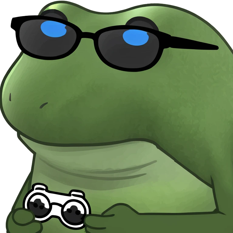 bufo with triangle shaped 8 bit sunglasses full black, confident smile, with a mini full dark powerful orb in his hand emoji