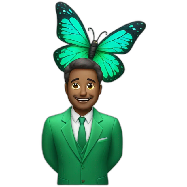 The man in the green suit has butterfly wings. emoji