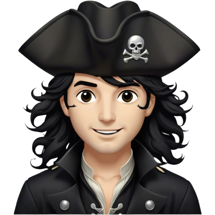 A charismatic pirate with wavy black hair tousled by the breeze. His silver-embroidered tricorn hat casts a shadow. Dark eyes glint with mischief as he looks to the side, a knowing smile on his lips. His black coat, adorned with silver buttons, shifts with the wind emoji