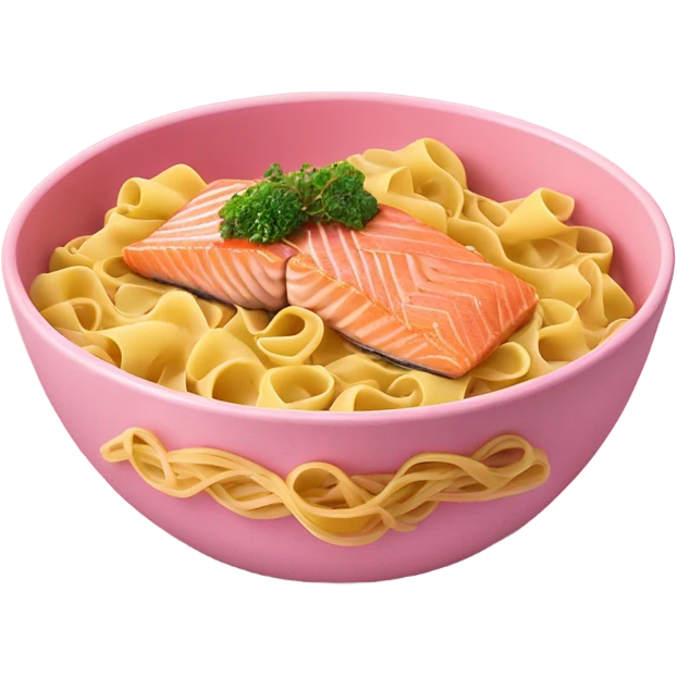 Salmon with bow tie pasta in pink bowl emoji