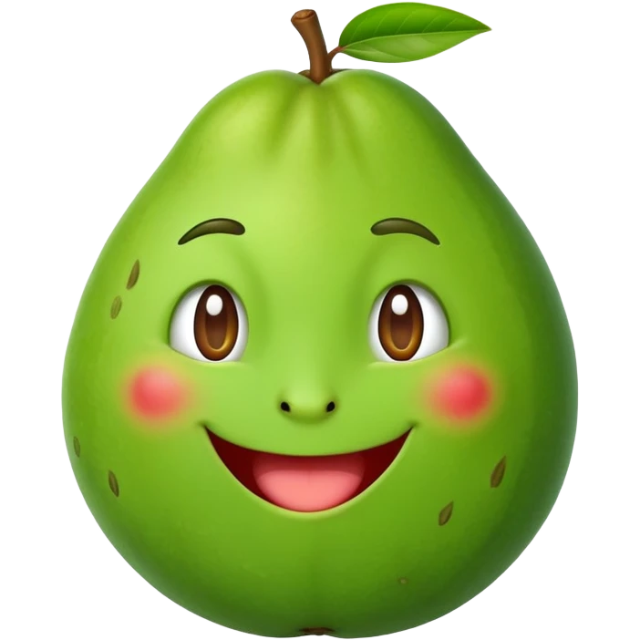 A cartoon guava character with a smiling face emoji