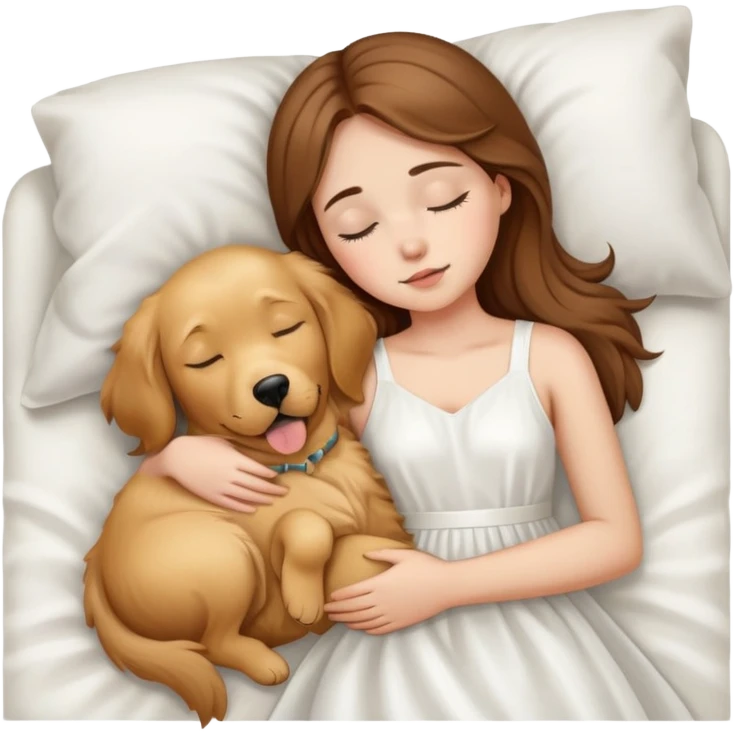 A girl with brown hair, white dress sleep with one golden retriever dog emoji